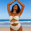 Women's Cutout One Piece Swimsuit Bandeau Ruched Color Block High Waisted Bathing Suit with Removable Straps