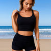 Women's Two Piece Swimsuit Spaghetti Strap Crop Top with High Wasited Boyshort Style Bikini Bottom