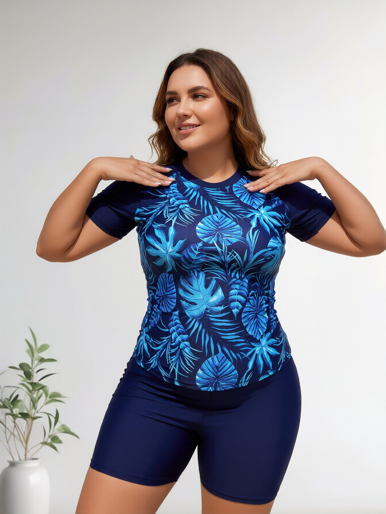 Plus size Women's Two Piece Rash Guard Swim Shirts Built in Bra Swimsuit with Boyshorts with Pockets