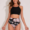 Women's Bikini Sets High Neck Tropical Leaf Print High Waisted Two Pieces Swimsuits Bathing Suits