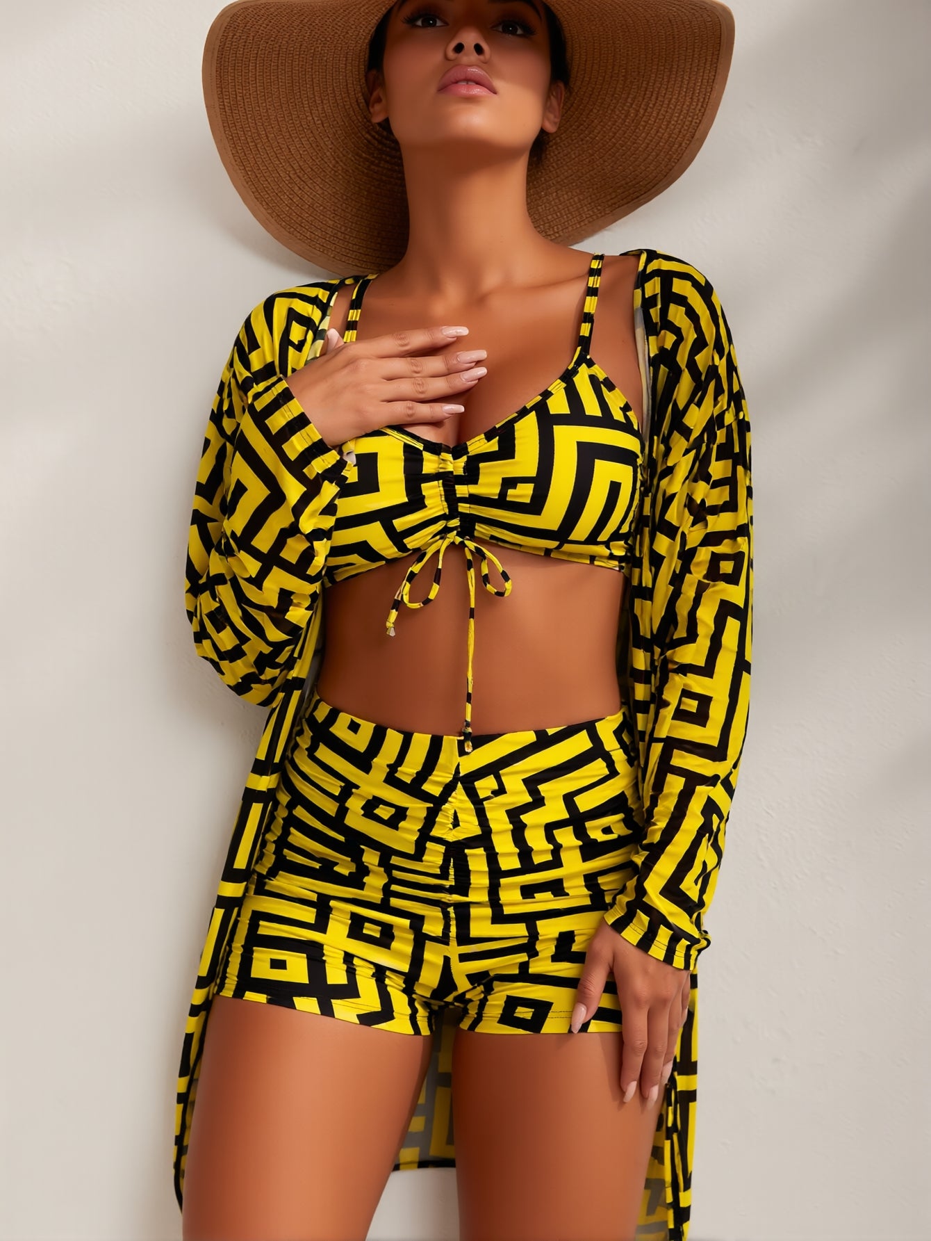 Women's 3 Pieces Bikini Set Geo Print Bathing Suit Drawstring Swimsuit with Cover Ups Kimono