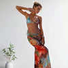 Womens 3pcs Swimsuit Floral Halter Triangle Bikini Top Tie Side Bottom with Long Sheer Cover Up Skirt