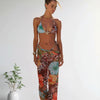 Womens 3pcs Swimsuit Floral Halter Triangle Bikini Top Tie Side Bottom with Long Sheer Cover Up Skirt