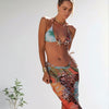 Womens 3pcs Swimsuit Floral Halter Triangle Bikini Top Tie Side Bottom with Long Sheer Cover Up Skirt