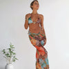 Womens 3pcs Swimsuit Floral Halter Triangle Bikini Top Tie Side Bottom with Long Sheer Cover Up Skirt