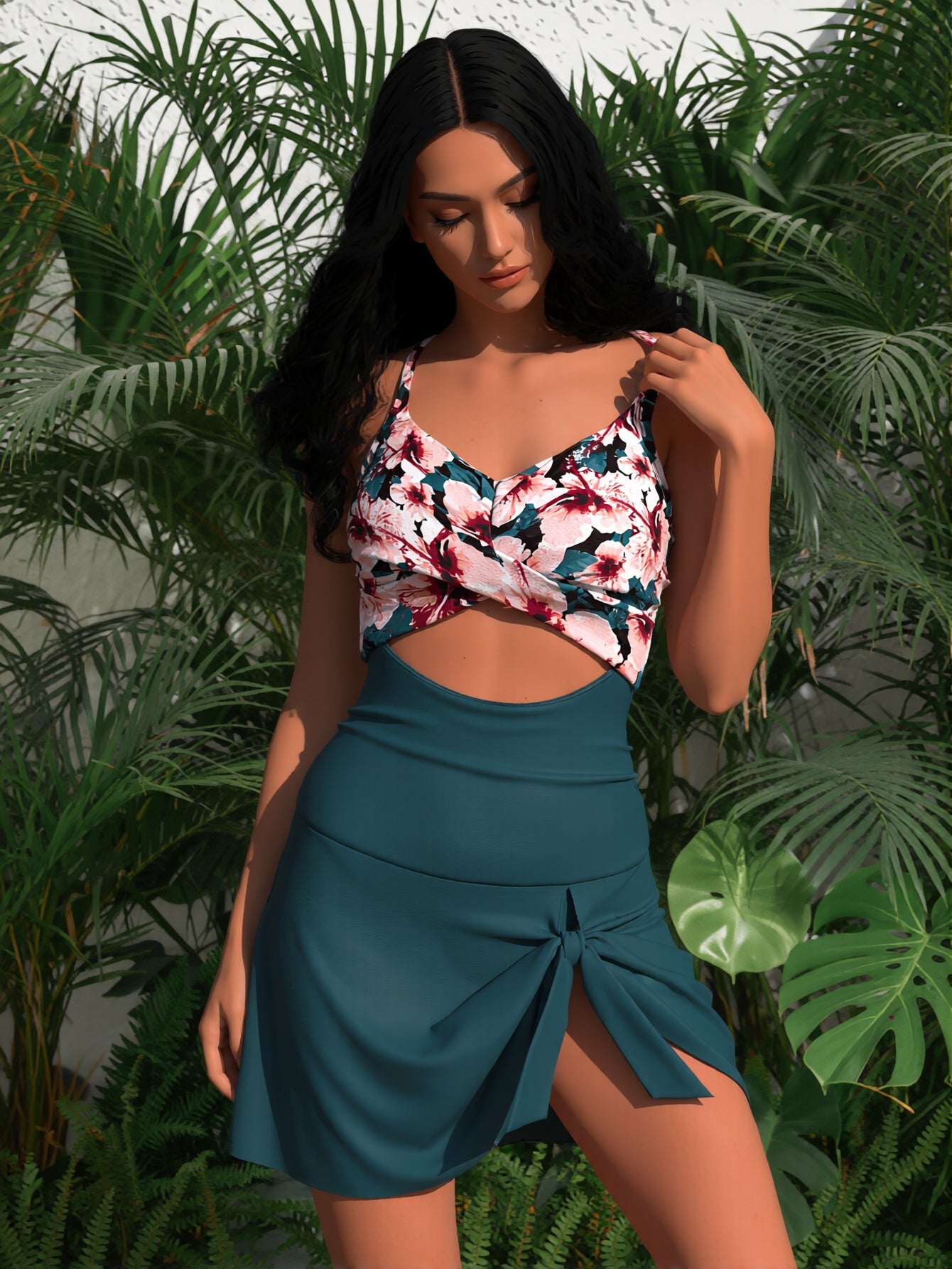 Women's Tankini Swimsuit Tummy Control Two Piece Bathing Suits Flowy Swim Dress with Shorts