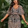 Plus size Women's 3 Pieces Bikini Set Geo Print Bathing Suit Drawstring Swimsuit with Cover Ups Kimono