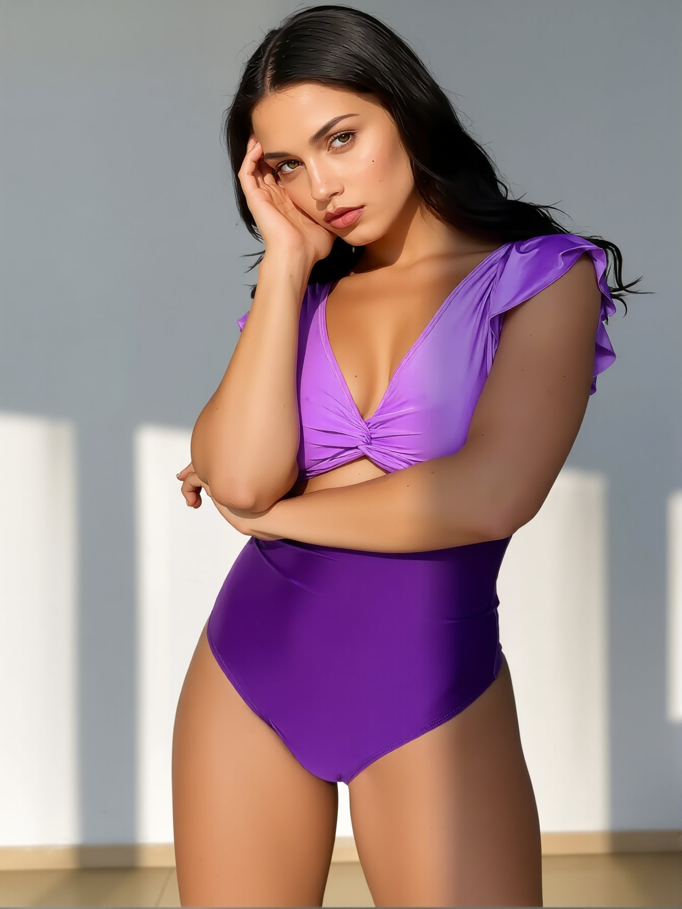 Women's Tummy Control Swimsuits Slimming Cute One Piece Bathing Suit Ruffle V Neck Swimwear