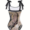 One Piece Bathing Suit for Women with Beach Cover up Wrap Skirt Swimsuit Sarong Retro Floral Print Bikini Set