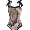 One Piece Bathing Suit for Women with Beach Cover up Wrap Skirt Swimsuit Sarong Retro Floral Print Bikini Set