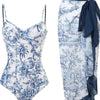 Women's One Piece Swimsuit with Cover up Set Beach Wrap Skirt Retro Bikini Set Two Piece Bathing Suit with Cover up