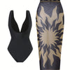 One Piece Swimsuit with Cover up Wrap Skirt Sarong Floral Print Plunge V Neck Bathing Suit for Women